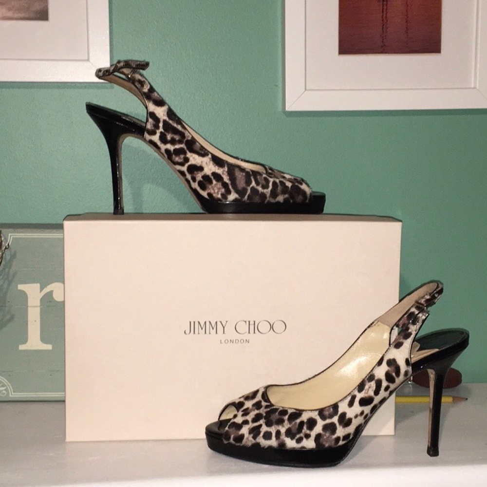 Jimmy Choo Nova PonyHair Leopard Print Slingback Peep Toe Heels
